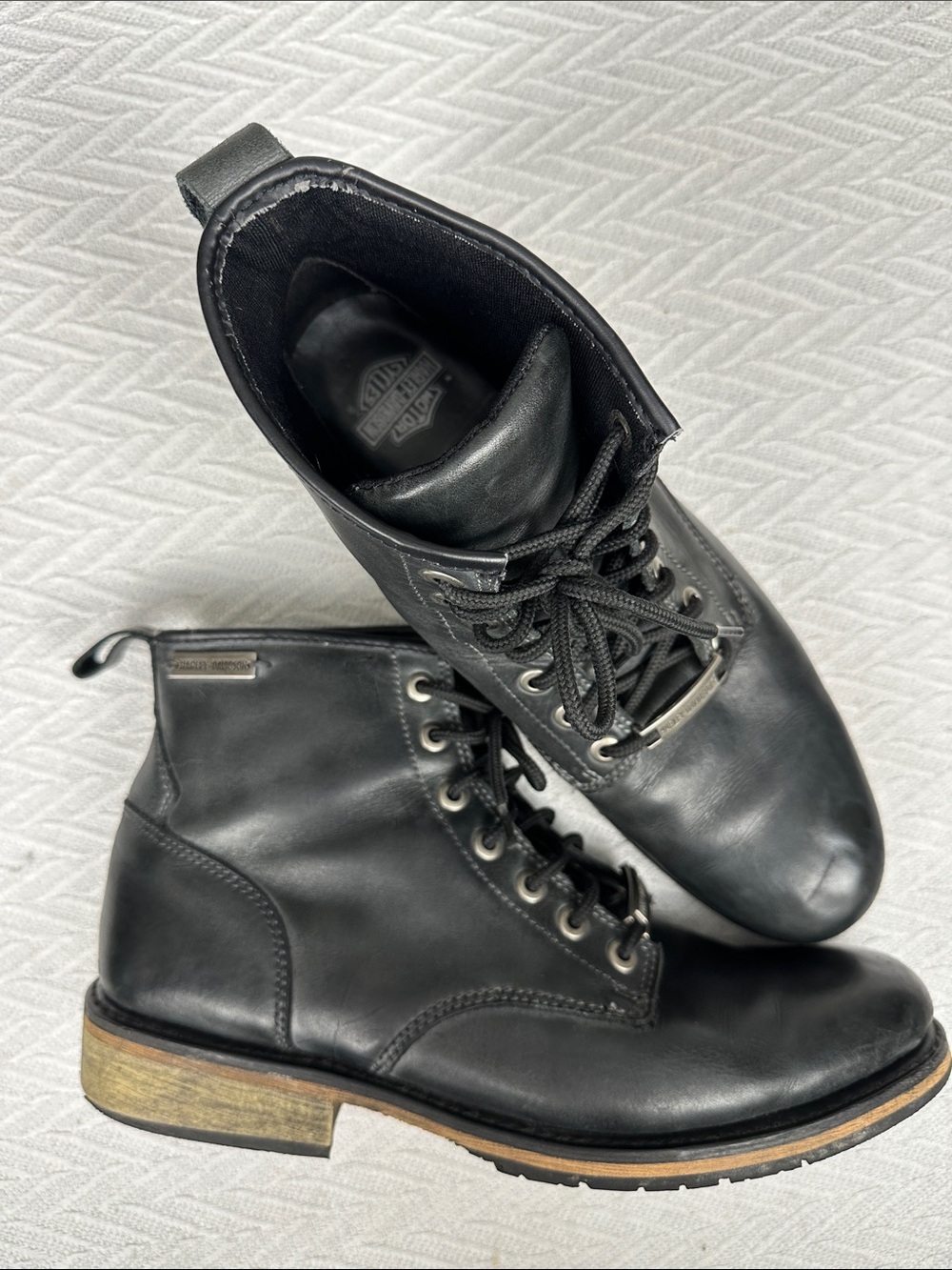 Harley Davidson Black Leather Lace-Up Ankle Boots Motorcycle Riding  wood heel